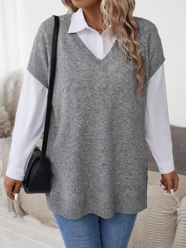 SHEIN Plus Size Wiosna Jesień Swobodny Krótki Rękaw Sweter