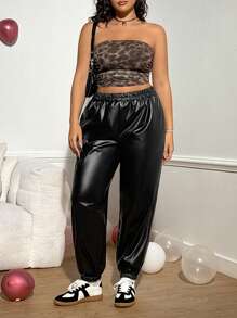 SHEIN EZwear Plus Size Fashionable Elastic Waist PU Jogger Pants For Early Autumn - Black - View 4