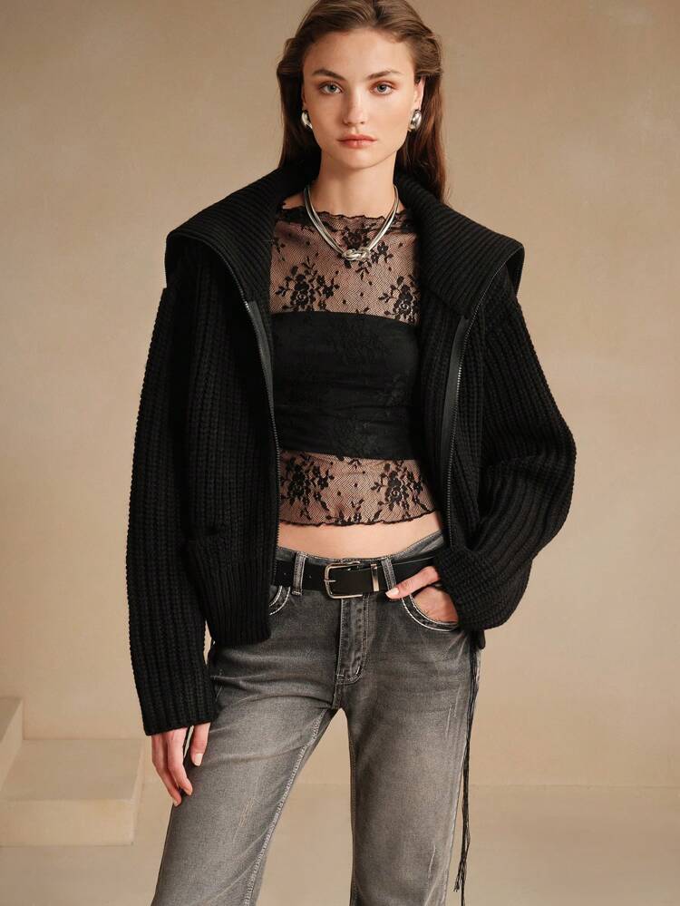 Women's Urban Fringe Zip-Up Black Sweater Cardigan With Large Lapel