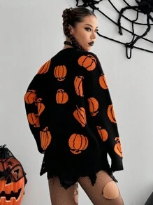 Flirla Funny Pumpkin Pattern Sweater For Halloween