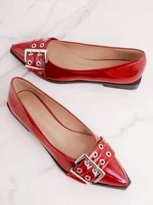 SHUZIA 女式仿制 Wine Pat 粗扣尖头平底鞋：舒适精致的朋克风格，超大扣子 - 紅色 - 查看 4