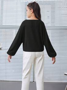 SHEIN Leap Crew Tween Girl 罗纹针织宽松复古短款长袖 T 恤 - 黑色 - 查看 7