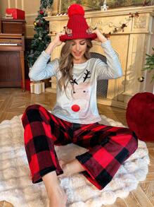CoupledUp Conjunto de pijama de franela con estampado de ciervos navideños para mujer