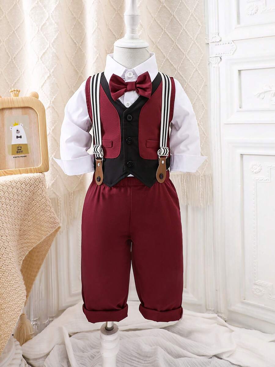 SHEIN Baby Jungen Vintage Französisch elegante Weste, Hemd, Hosenträger Hose Gentleman Anzug für Party & Ausgehen, Herbst Winter