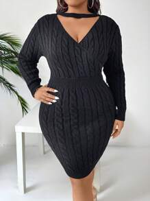 Celure Plus rozmiar Jednolita kolorowa sukienka sweterkowa z dekoltem w kształcie litery V i długim rękawem