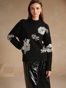 Anewsta Fashionable Urban Commuting Style Beaded Embroidered Loose Fit Women Sweater, Knit Pullover Fall Winter - Black - View 7