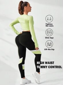 SHEIN Cheerettes Women's Summer&Spring Gym&Workout Sportswear Black And Green Color Block High Elasticity Breathable Fabric Women's Sports Set Neck Long Sleeve Top And Skinny Leggings Sports - Multicolor - View 3