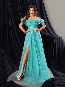 Princess Style Premium One Shoulder High Slit Blue Green Women Gown Dresses For Formal Banquet - Green - View 3