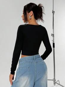 SHEIN Unity Square Neck Ribbed Design Long Sleeve T-Shirt With Ruffled Hem - Black - View 2