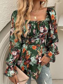 印花休閒長袖上衣，腰部收緊設計 - 綠色 - 查看 5