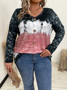 SHEIN Plus Tie Dye Button Detail Tee Graphic Tees Women Tops - Multicolor - View 5