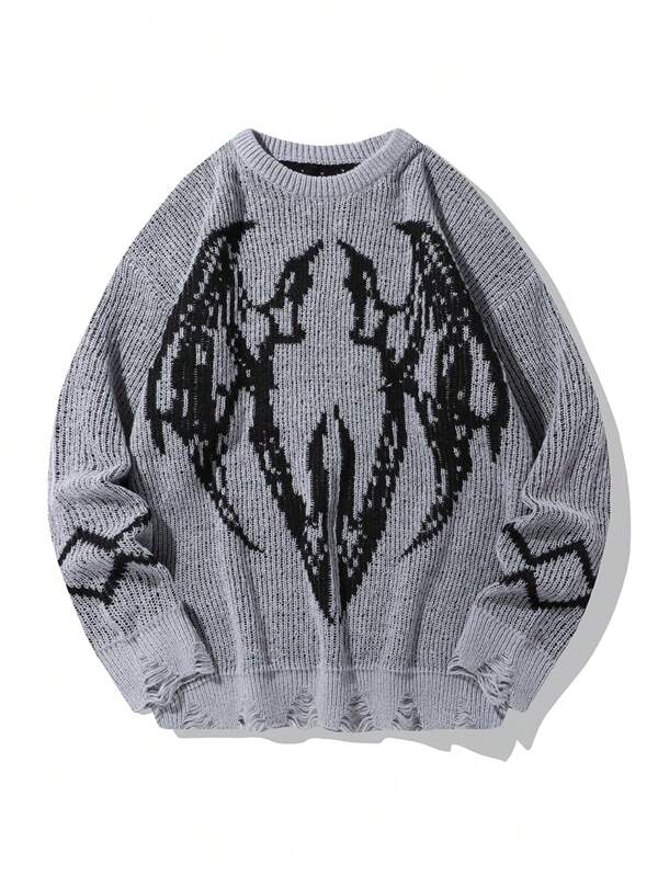 Manfinity LEGND Suéter de punto rasgado con patrón de murciélago en bloques de color de talla grande para hombre, otoño/invierno