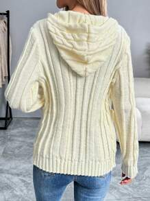 SHEIN LUNE Casual Solid Color Hooded Cardigan With Dual Pockets, Spring Autumn