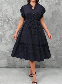 SHEIN LUNE Plus Size Casual Polka Dot Print Ruffle Hem Dress, Summer - Black - View 1