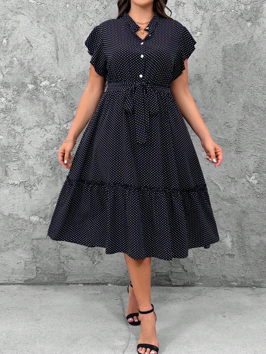 SHEIN LUNE Plus Size Casual Polka Dot Print Ruffle Hem Dress, Summer - Black - View 1
