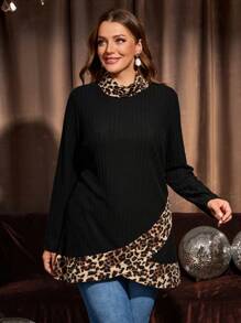 EMERY ROSE Camisa de manga larga con estampado de leopardo y cuello alto para mujer de talla grande, ropa primavera, otoño, otoño