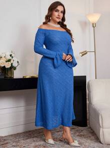 Modelyn 大码优雅纯色蕾丝露肩喇叭袖连衣裙，春秋季，优雅 A 字裙，适合晚会/婚礼嘉宾/周年纪念 - 藍色 - 查看 3