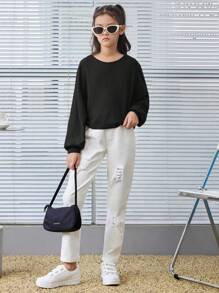 SHEIN Leap Crew Tween Girl 罗纹针织宽松复古短款长袖 T 恤 - 黑色 - 查看 6