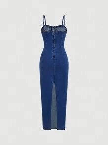 SHEIN MOD Women's Sleeveless Back Zipper Simple Denim Casual Dress - Dark Wash - View 2