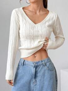 SHEIN Unity V-Neck Cable Knit Sweater,Long Sleeve Tops, Knit Pullover Fall Winter - White - View 3