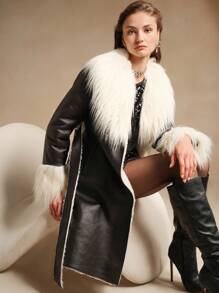 SHEIN X Lucía Bellido Anewsta 毛边收腰中长款女士常规外套 - 黑色 - 查看 1