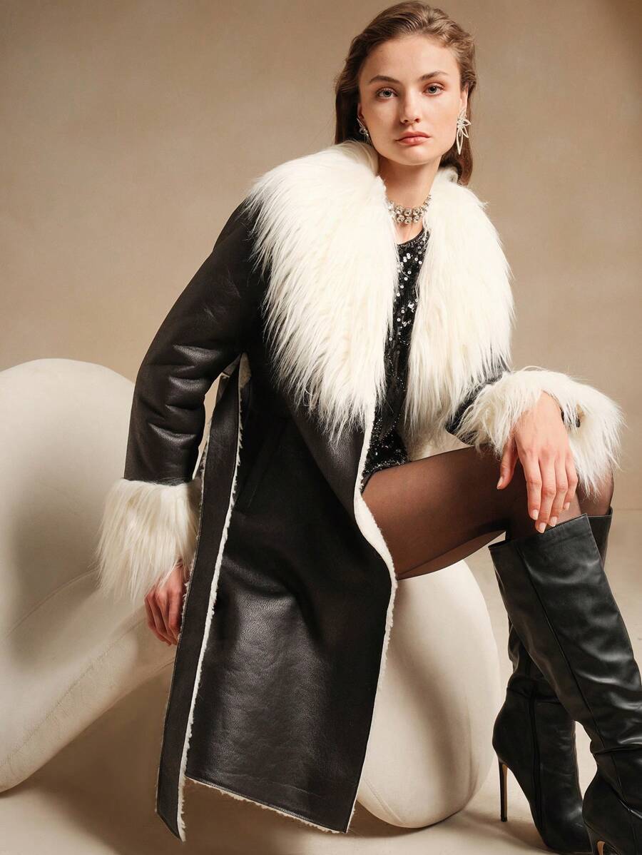 SHEIN X Lucía Bellido Anewsta 毛边收腰中长款女士常规外套 - 黑色 - 查看 1