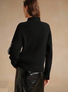Anewsta Fashionable Urban Commuting Style Beaded Embroidered Loose Fit Women Sweater, Knit Pullover Fall Winter - Black - View 5
