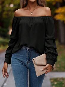 SHEIN Clasi 露肩褶饰主教袖衬衫、长袖上衣 - 黑色 - 查看 6