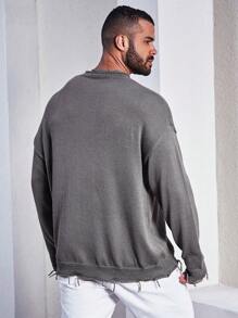 Manfinity Homme Sweater Kasual Pria Ukuran Besar Warna Polos dengan Bahu Longgar, Sweater Abu-abu Musim Semi dan Gugur - Grey - View 2