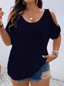 Vionelle Plus Size Solid Color Off Shoulder Casual T-Shirt - Navy Blue - View 1