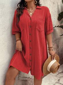 EMERY ROSE Plus Size Women's Solid Color Minimalist Casual Short Sleeve Dress For New Year Clothes - Red - View 5