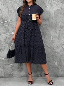 SHEIN LUNE Plus Size Casual Polka Dot Print Ruffle Hem Dress, Summer - Black - View 6