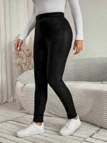 SHEIN LUNE Quần bó giữ nhiệt họa tiết da rắn màu đen cỡ lớn cho nữ, quần bó màu trơn, quần bó giữ nhiệt lót lông cho trang phục sân bay mùa thu đông cho nữ - màu đen - Xem 7