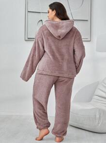 SHEIN Hooded Solid Color Plush Fluffy Pajama Set With Front Pockets, Plus Size, Fall Winter Clothes, Cozy Outfit - Mauve Purple - View 2