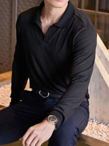 Manfinity Homme Áo thun polo nam có gân chắc chắn dài tay trơn màu đen thành thị Áo thun polo công sở thông thường - màu đen - Xem 3