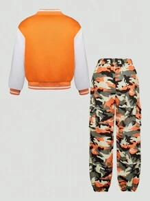 2pcs/Set Tween Girl Casual Versatile Street Style Letter Patch Cropped Bomber Jacket And Camouflage Cargo Pants