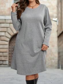 Plus Size Spring & Fall Casual Long Sleeve Dress, Warm Clothes - Grey - View 1