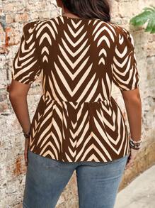 Flirla Plus Size Casual All-Over Print Puff Sleeve Shirt - Coffee Brown - View 2