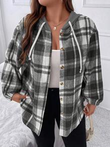 EMERY ROSE Plus Size Casual Plaid Patchwork Hooded Jacket, Autumn Fall Winter Cloth For Women - Black and White - View 1