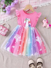 SHEIN Young Girl Spring/Summer Unicorn Print Mesh Splice Dress Summer Holiday - Hot Pink - View 1