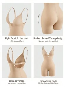 SHAPORA 女士纯色简约日常交叉绷带塑身衣 - 卡其色 - 查看 5