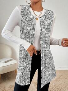 SHEIN Essnce Women's Spring/Autumn Casual All-Over Print Vest Jacket - White - View 5