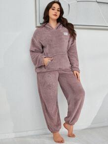 SHEIN Hooded Solid Color Plush Fluffy Pajama Set With Front Pockets, Plus Size, Fall Winter Clothes, Cozy Outfit - Mauve Purple - View 3