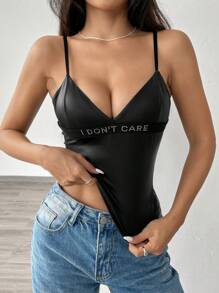 SHEIN EZwear Summer Fashion Rhinestone Letter V-Neck Stretch Camisole Top - Black - View 3