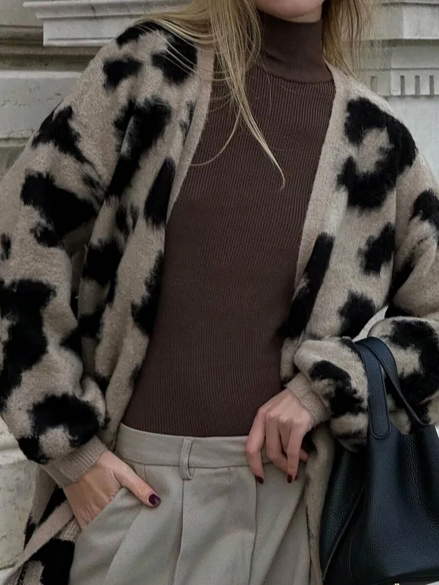 Women's Leopard Print Dropped Shoulder Long Sleeve Loose Casual Knit Cardigan - Multicolor - View 1