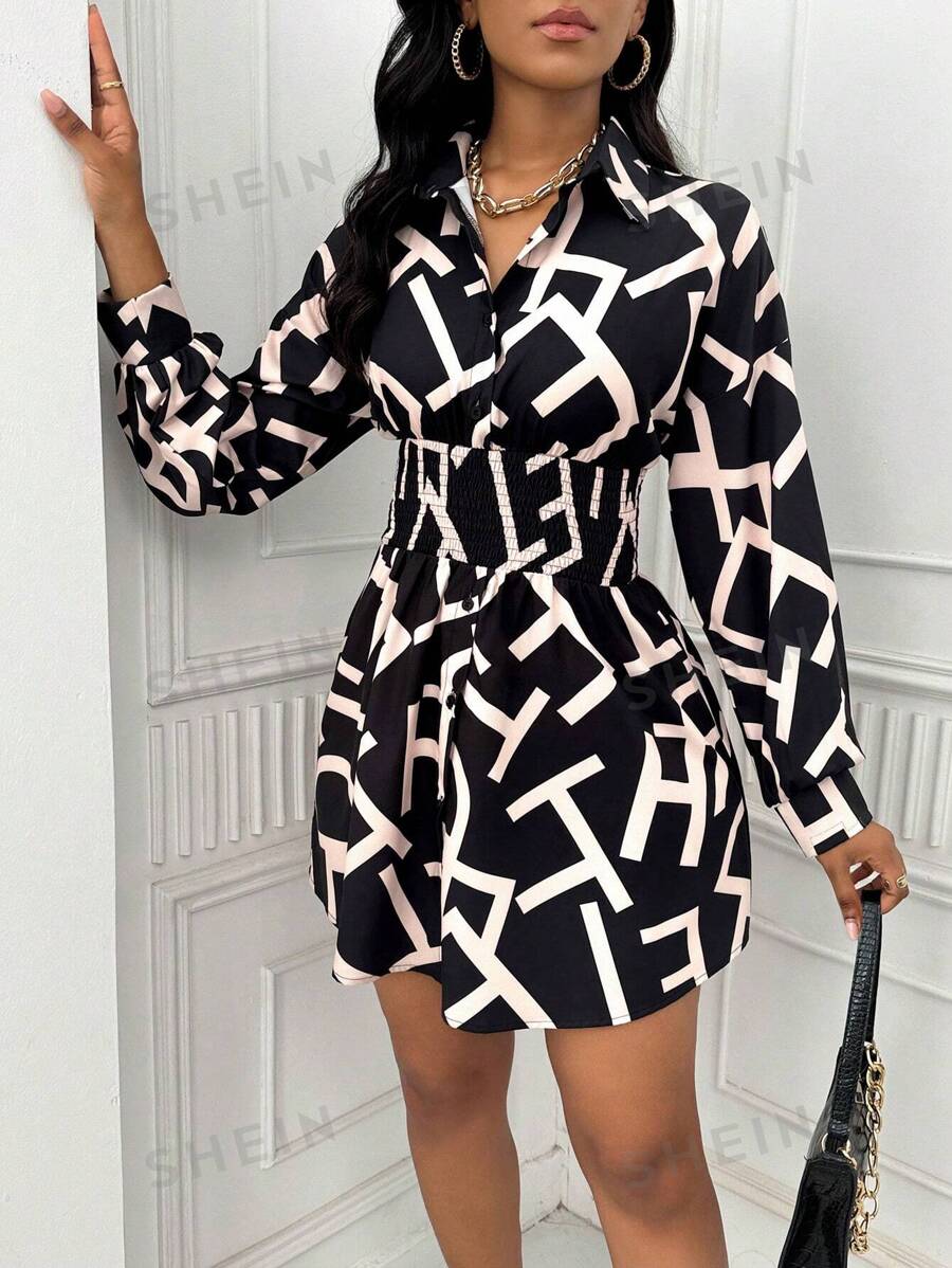 SHEIN Lady Women's Full Allover Print Long Sleeve Shirred Mini Dress