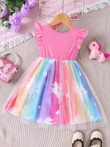 SHEIN Young Girl Spring/Summer Unicorn Print Mesh Splice Dress Summer Holiday - Hot Pink - View 2