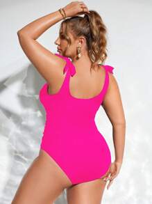 Swim Lushoire Đồ bơi liền thân màu trơn cỡ lớn 1 mảnh xếp nếp, phong cách nghỉ mát bãi biển mùa hè - Màu Hồng Tươi - Xem 2