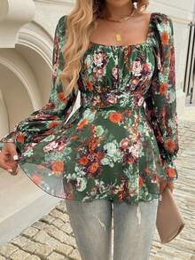 印花休閒長袖上衣，腰部收緊設計 - 綠色 - 查看 1