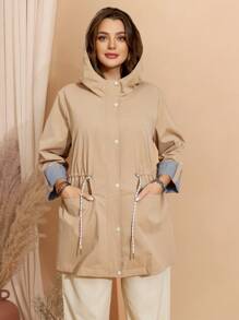 EMERY ROSE Plus Size Fall Khaki Casual Contrast Stripe Drawstring Hooded Trench Women Coat Jacket,Fall Women Clothes